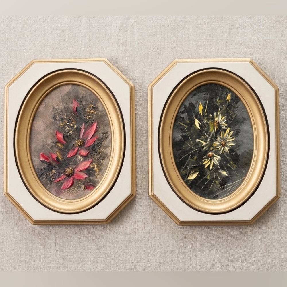 Vintage Impasto Floral Relief Oil Paintings